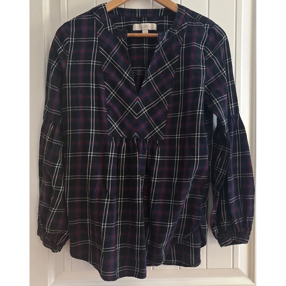 LOFT Tops - LOFT Plaid Flannel Peasant Blouse Small Navy Red Check Long Sleeve Holiday Top